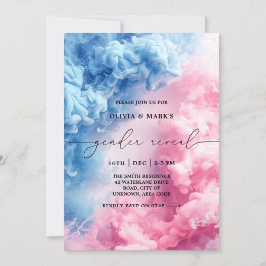 Blue and Pink Smoke Baby Geslacht onthullen uitnod Kaart (Voorkant)
