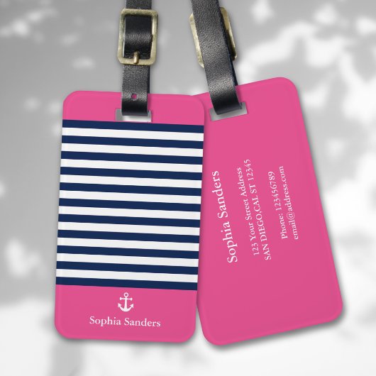 Blue and Pink Striped Nautical Pattern Bagagelabel