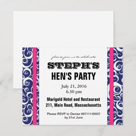 Blue and Pink Swirl Hen Party Invite Kaart (Voorkant / Achterkant)