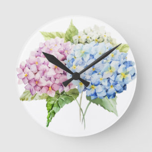 BLUE AND PINK WATERCOLOR HYDRANGEA CLOCK RONDE KLOK
