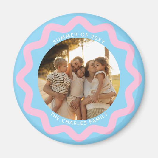 Blue and Pink Wavy Circle Photo Frame with Text Magneet (Voorkant)