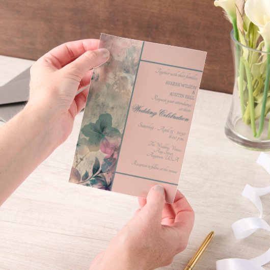 Blue and Purple Floral Framed  Wedding Vellum Uitnodigingen (Draagbaar)