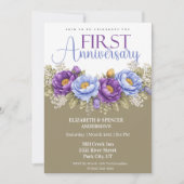 Blue and Purple Peony 1st Wedding Anniversary Kaart (Voorkant)