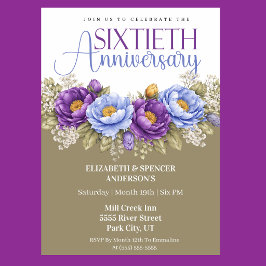 Blue and Purple Peony 60th Wedding Anniversary Kaart