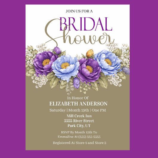 Blue and Purple Peony Bridal Shower Kaart