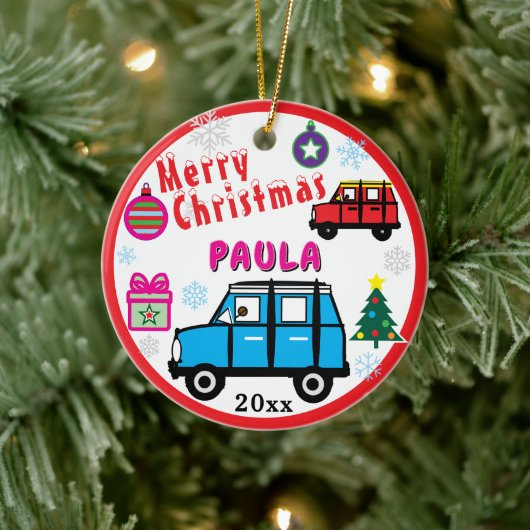 Blue and Red Cars PHOTO NAME Keramisch Ornament (Boom)