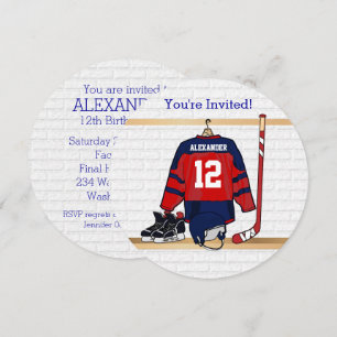 Blue and Red Ice Hockey Jersey Birthday Party Kaart