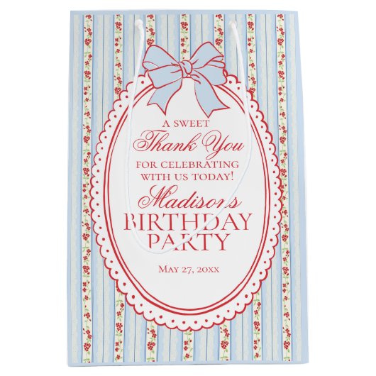 Blue and Red Vintage Fancy Floral Birthday Favors Medium Cadeauzakje (Voorkant)