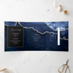 Blue and Silver Agate Wedding Tri-Fold Uitnodiging