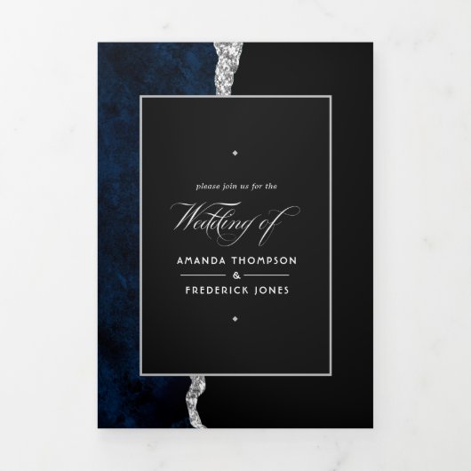 Blue and Silver Agate Wedding Tri-Fold Uitnodiging (Cover)