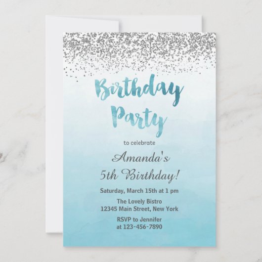 Blue and Silver Birthday Invitation Kaart (Voorkant)
