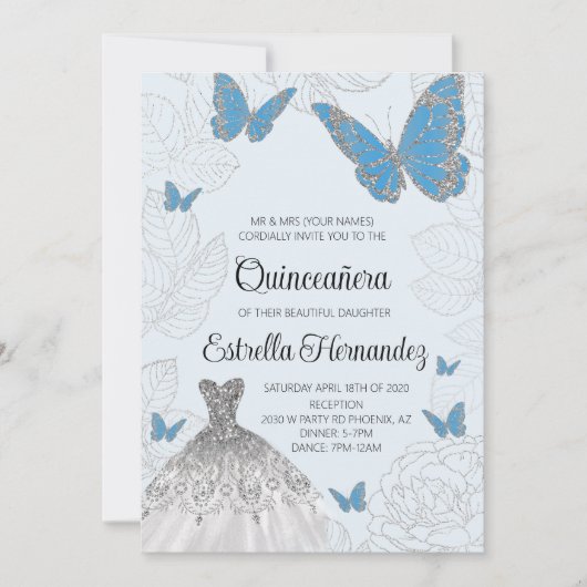 Blue and Silver Butterfly Quinceanera Invitation Kaart (Voorkant)