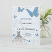 Blue and Silver Butterfly Quinceanera Invitation Kaart (Staand voorkant)