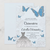 Blue and Silver Butterfly Quinceanera Invitation Kaart (Voorkant / Achterkant)