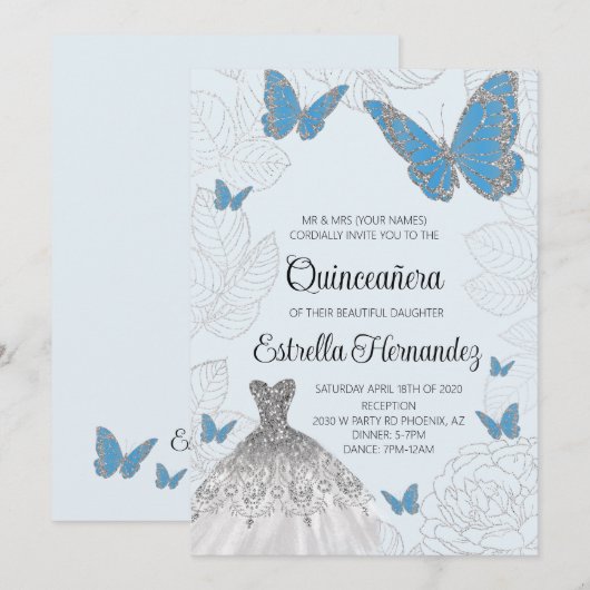 Blue and Silver Butterfly Quinceanera Invitation Kaart (Voorkant / Achterkant)