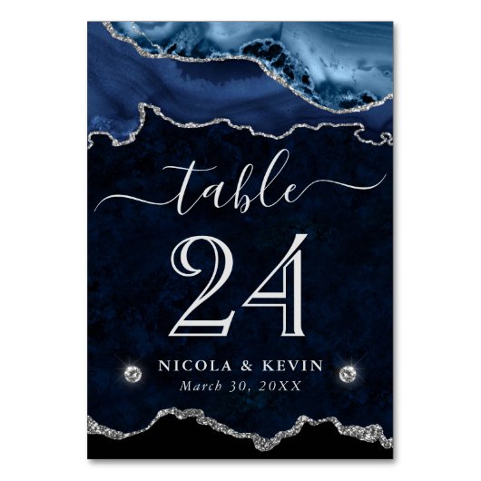 Blue and Silver Faux Glitter Agate Wedding Kaart (Voorkant)