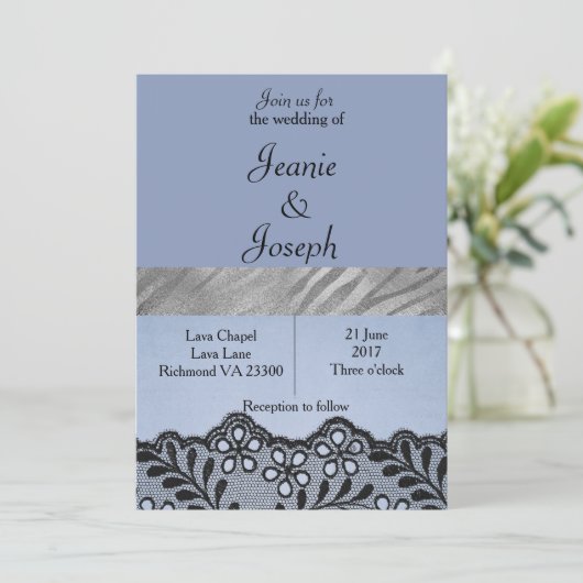 Blue and Silver Faux Lace Wedding Invitation Kaart (Staand voorkant)