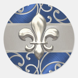 Blue and Silver Filigree Swirls Fleur de Lis Ronde Sticker