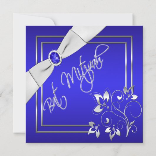 Blue and Silver Floral Bat Mitzvah Invitation Kaart (Voorkant)