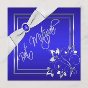 Blue and Silver Floral Bat Mitzvah Invitation Kaart