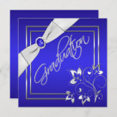 Blue and Silver Floral Photo Afstuderen Invitation Kaart (Voorkant / Achterkant)