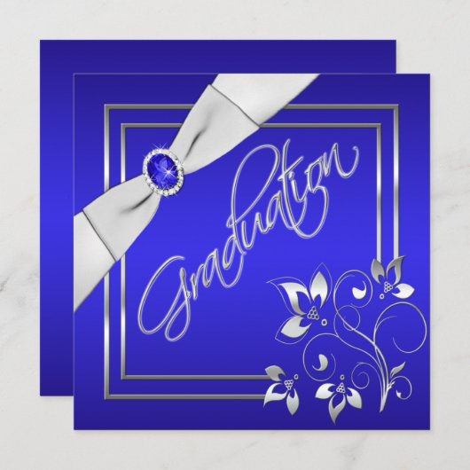 Blue and Silver Floral Photo Afstuderen Invitation Kaart (Voorkant / Achterkant)