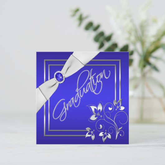 Blue and Silver Floral Photo Afstuderen Invitation Kaart (Staand voorkant)