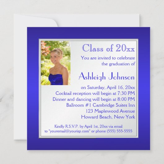 Blue and Silver Floral Photo Afstuderen Invitation Kaart (Achterkant)