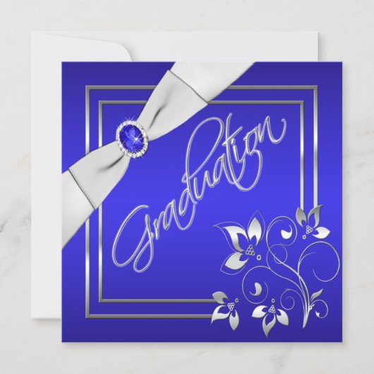 Blue and Silver Floral Photo Afstuderen Invitation Kaart (Voorkant)