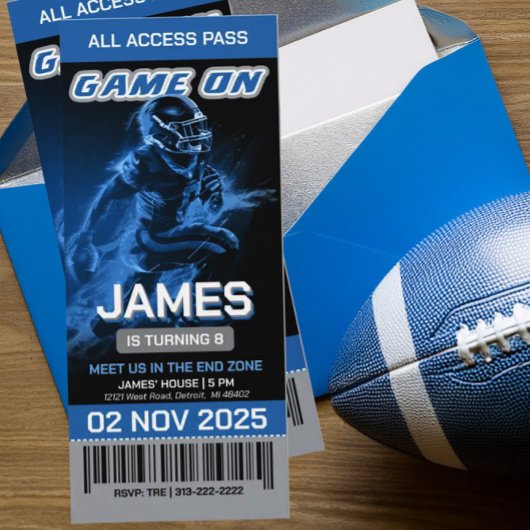 Blue and Silver Football Ticket Invitation Kaart