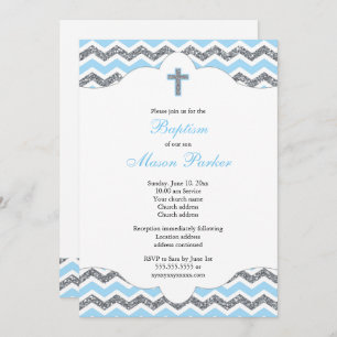 Blue and Silver Glitter Boy Baptism Christening Kaart
