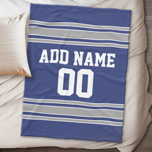 Blue and Silver Jersey Stripes Custom Name Number Fleece Deken