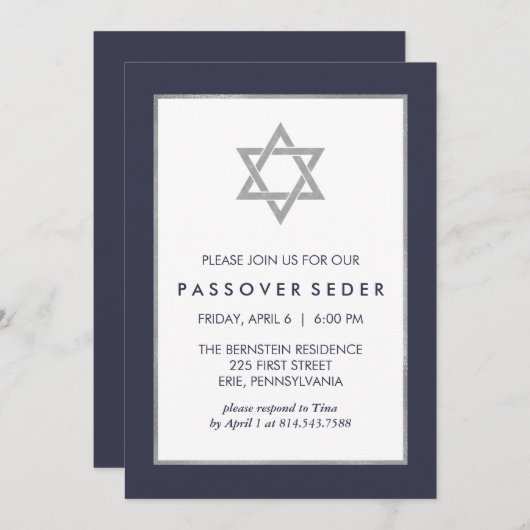 Blue and Silver Passover Seder met ster van David Kaart (Voorkant / Achterkant)