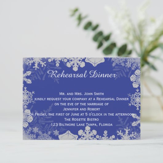 Blue and Silver Snowflake Wedding Rehearsal Kaart (Staand voorkant)