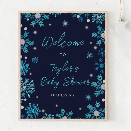 Blue and Silver Snowflakes Baby shower Welkom Poster