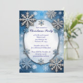 Blue and Silver Snowflakes Christmas Party Kaart (Staand voorkant)