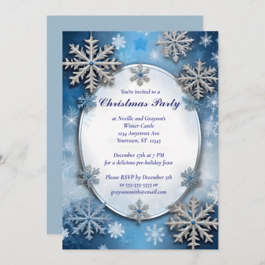 Blue and Silver Snowflakes Christmas Party Kaart (Voorkant / Achterkant)