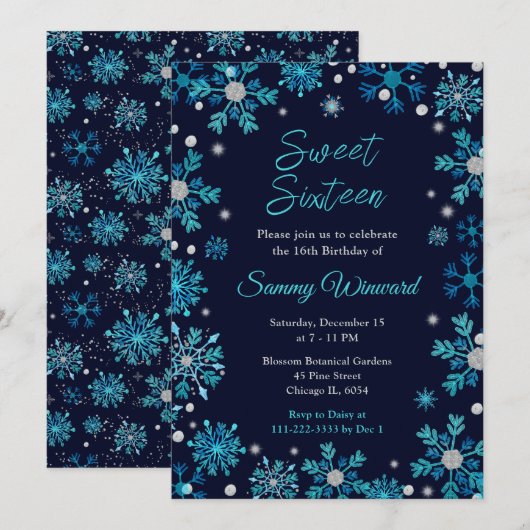 Blue and Silver Snowflakes Sweet Sixteen Kaart (Voorkant / Achterkant)