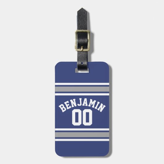 Blue and Silver Sports Jersey Custom Name Number Bagagelabel (Voorkant verticaal)