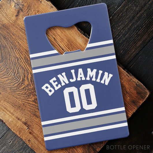Blue and Silver Sports Jersey Custom Name Number Creditkaart Flessenopener