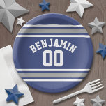 Blue and Silver Sports Jersey Custom Name Number Papieren Bordje<br><div class="desc">Pas dit sportief gestreepte ontwerp aan met jouw naam en favoriete nummer. Je kunt dit ook gebruiken om een verjaardag te vieren of je zoon te feliciteren met zijn persoonlijke herinnering.</div>