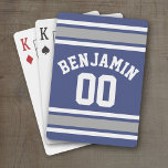 Blue and Silver Sports Jersey Custom Name Number Speelkaarten<br><div class="desc">Pas dit sportief gestreepte ontwerp aan met jouw naam en favoriete nummer. Je kunt dit ook gebruiken om een verjaardag te vieren of je zoon te feliciteren met zijn persoonlijke herinnering.</div>