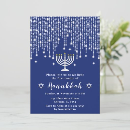 Blue and Silver String Lights Hanukkah Party Kaart (Staand voorkant)