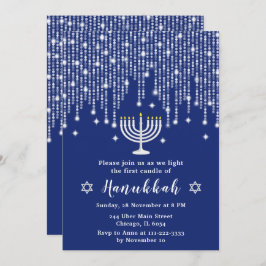 Blue and Silver String Lights Hanukkah Party Kaart