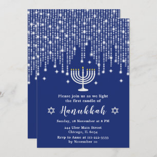 Blue and Silver String Lights Hanukkah Party Kaart