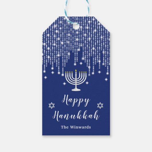 Blue and Silver String Lights Happy Hanukkah Cadeaulabel (Voorkant)