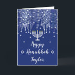 Blue and Silver String Lights Happy Hanukkah Feestdagen Kaart<br><div class="desc">Deze elegante en verfijnde Happy Chanoeka-kaart kan worden gepersonaliseerd met een naam of titel, zoals dochter, kleindochter, nicht, vriend enz. Het beschikt over prachtige zilveren snaarfeeënlichten met diamanten sprankeltjes, een menorah kaars en de Ster van David. De tekst combineert handgeschreven script en serif fonts voor een stijlvolle en moderne look....</div>