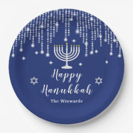 Blue and Silver String Lights Happy Hanukkah Papieren Bordje