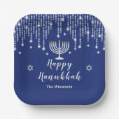 Blue and Silver String Lights Happy Hanukkah Papieren Bordje (Voorkant)