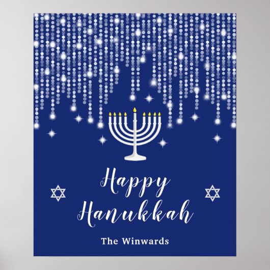 Blue and Silver String Lights Happy Hanukkah Poster (Voorkant)